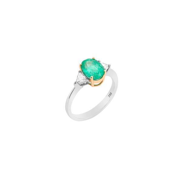 Anel Esmeralda colombiana Oval e Diamantes Ouro Branco e Ouro Amarelo